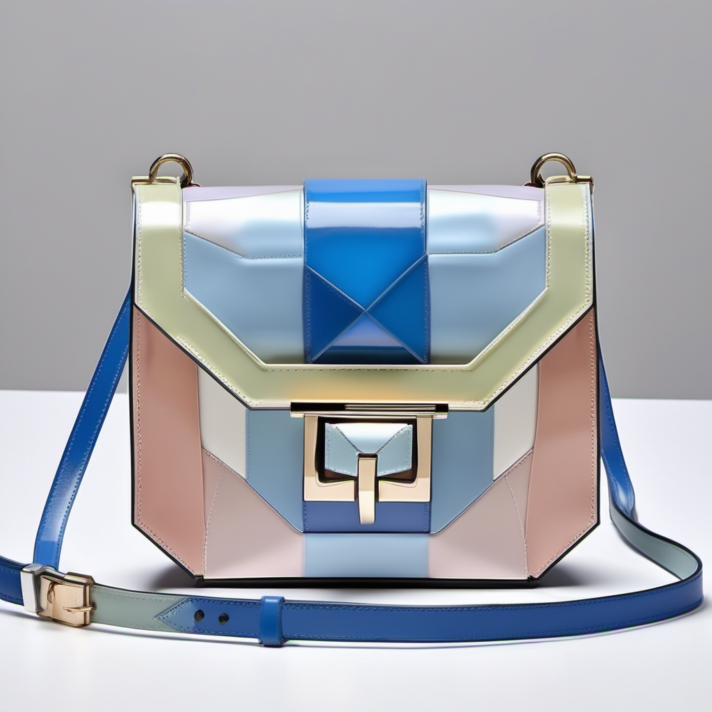 Neoclassic inspired luxury small  bag with flap and metal buckle- metalized leather -geometric shape - frontal view -pastel colors - blue shades
