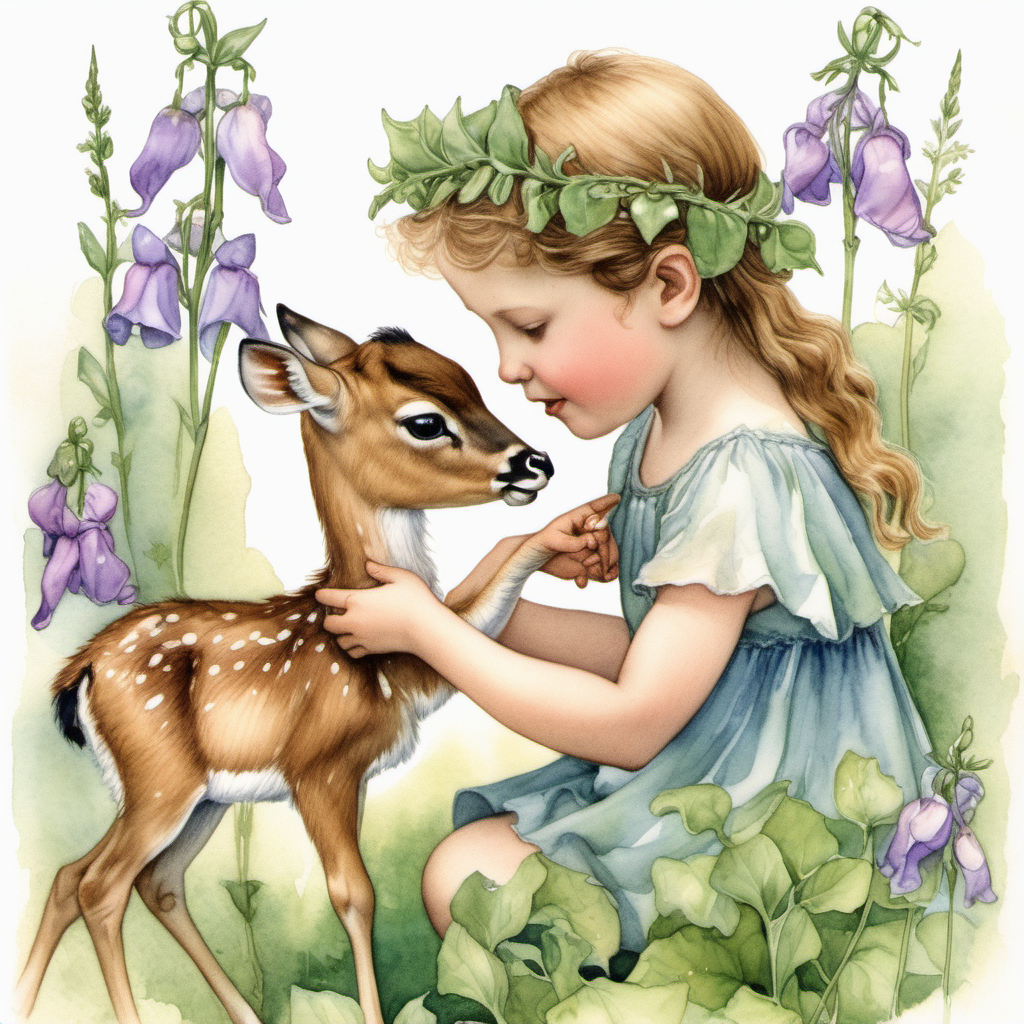 a watercolor sweetpea flower fairy in the style of Cicely Mary Barker petting a baby deer.  They are both surrounded by sweetpeas and greenery. The baby deer is cute and shows a curiosity and a friendly nature. 