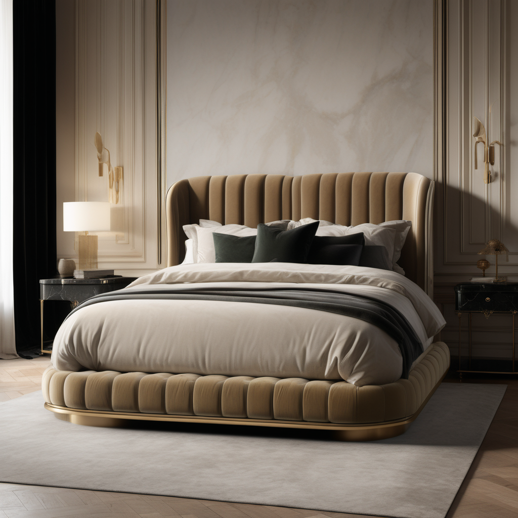 a hyperrealistic image of a velvet modern Parisian  king bed  in dusty beige, oak, black and brass 
