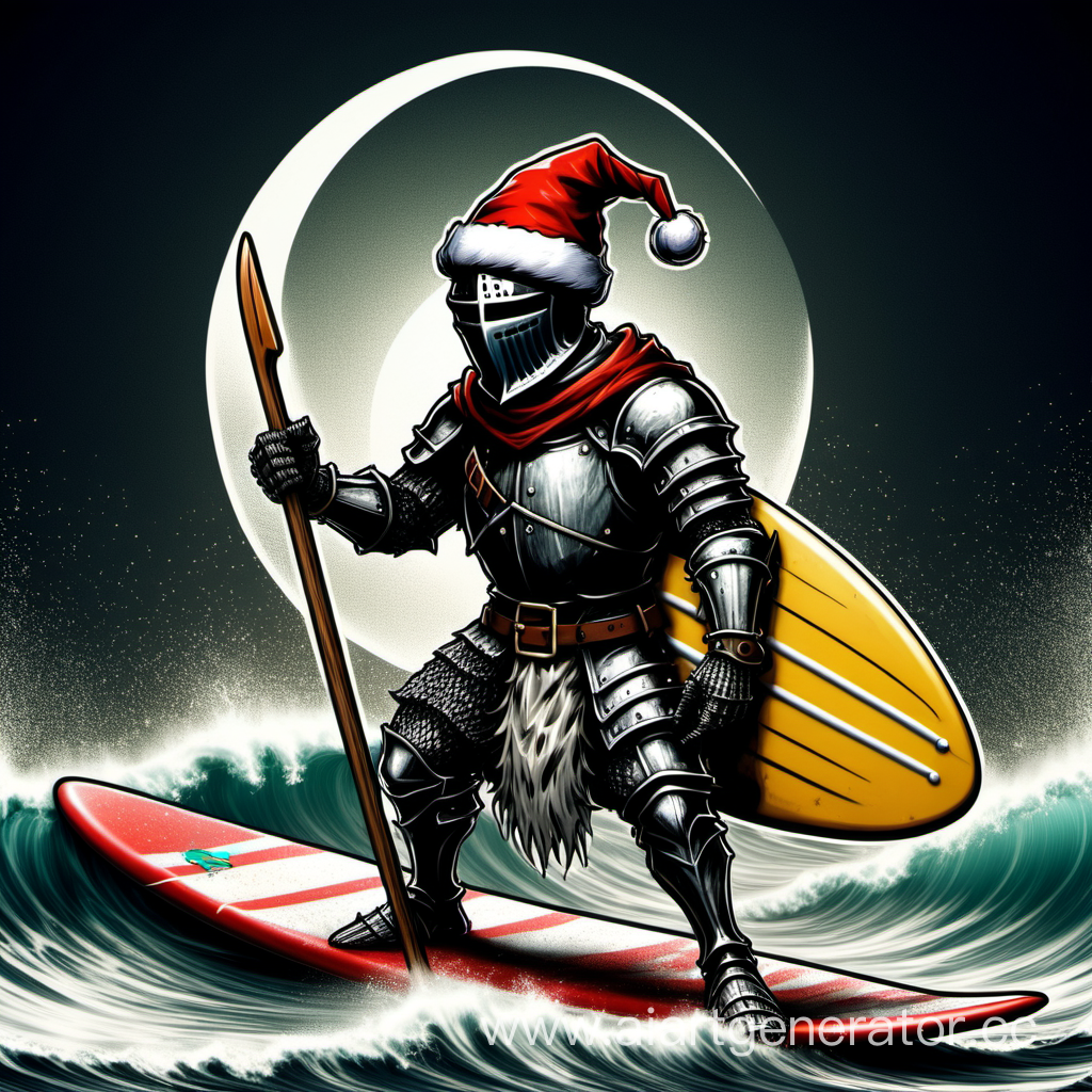 dark souls knight with a christmas hat and a surfing board doing a jumbo sign