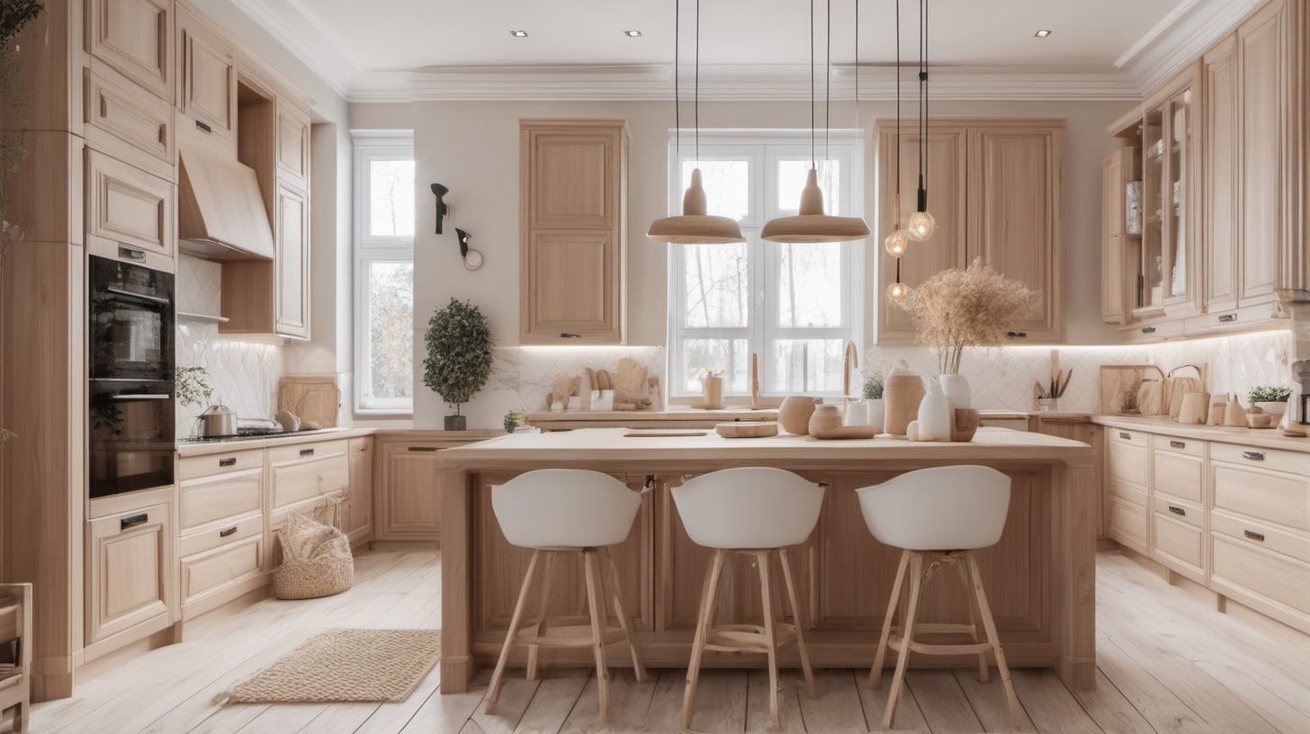 cozy Interior big kitchen with beige  and white and wooden luxury details