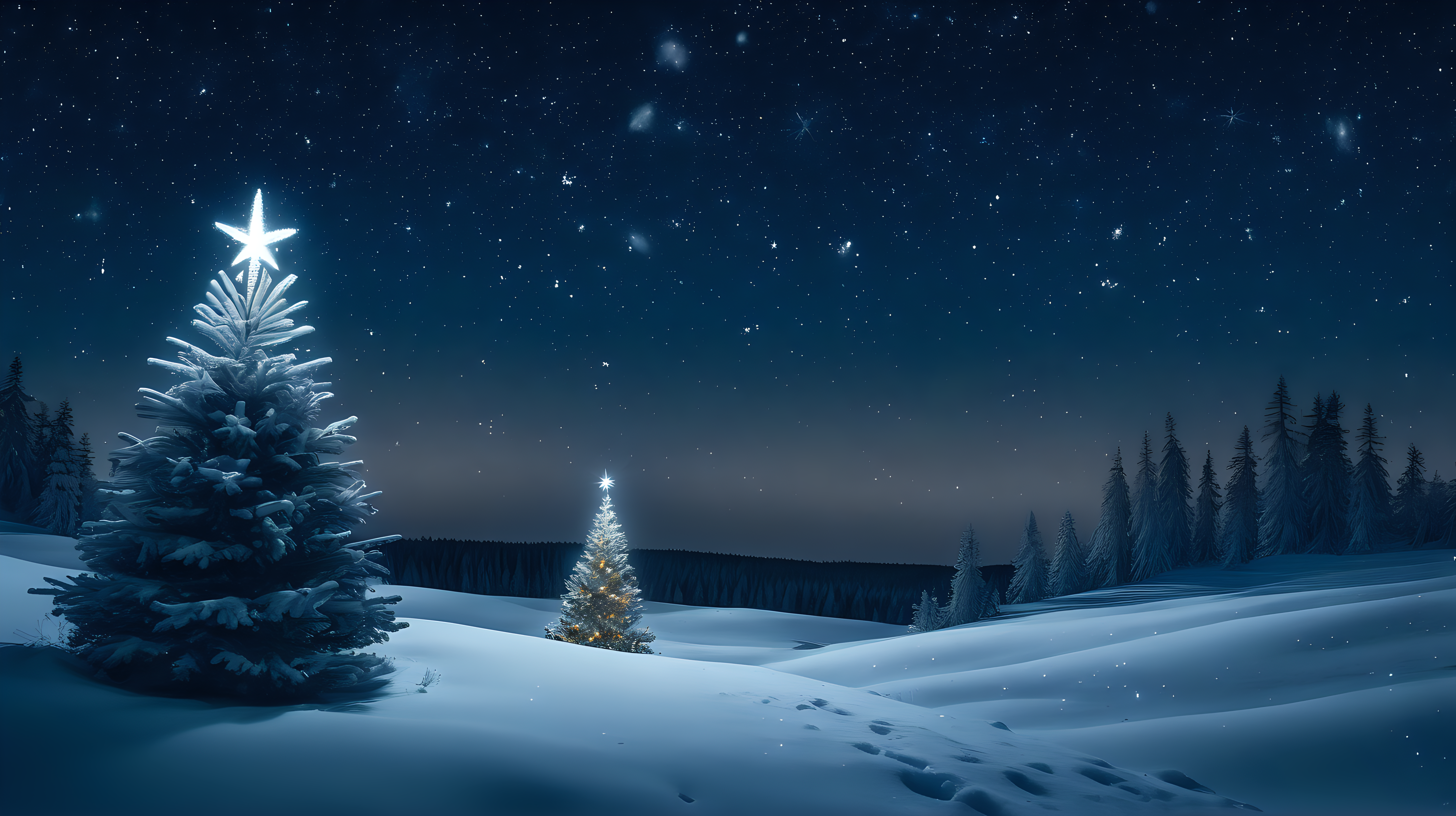 nighttime winter snowy plain and snowy forest behind. night sky with stars. Christmas tree in the foreground on the right