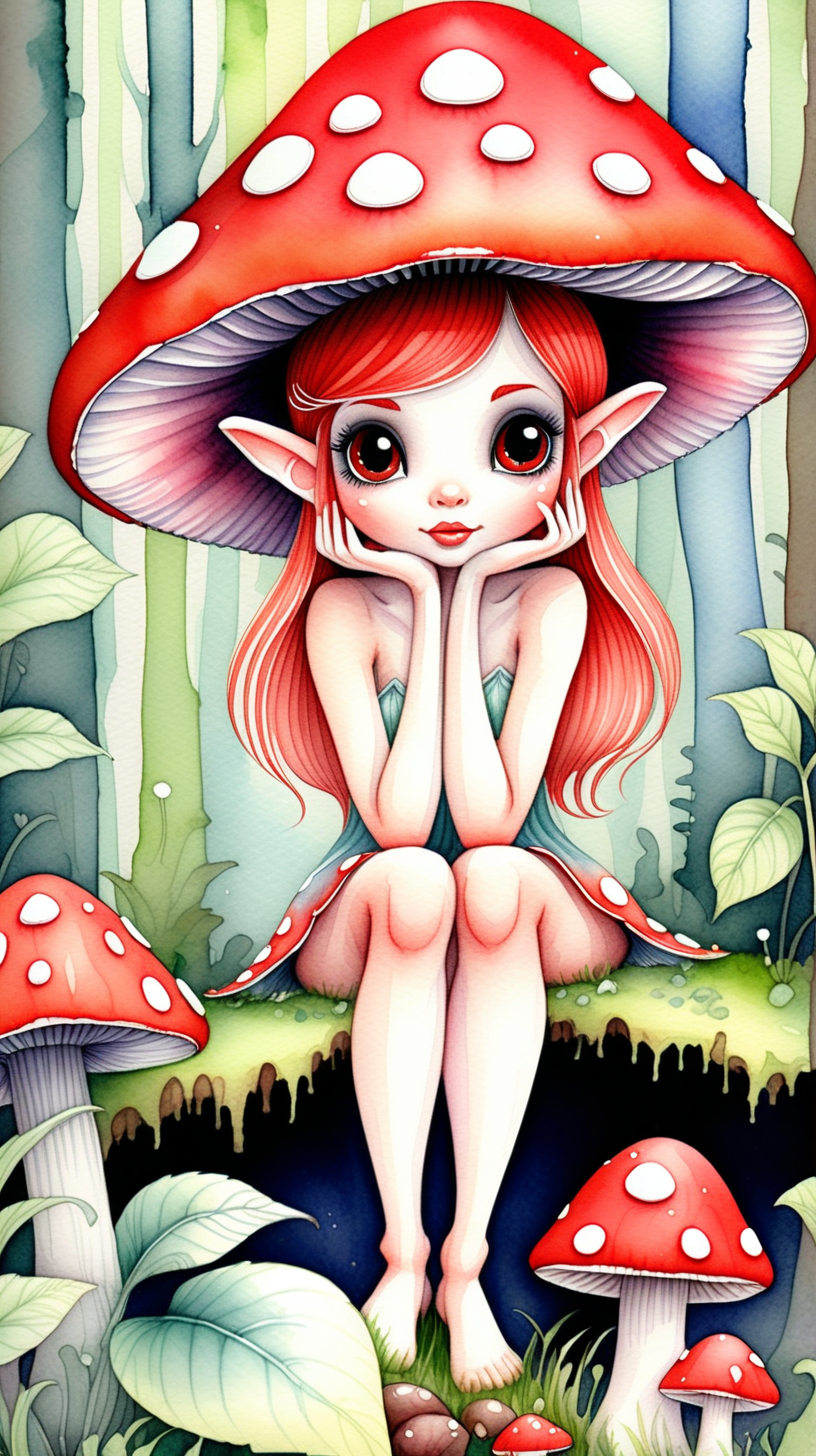 A cute watercolor picture of a fairy sheltering beneath a red mushroom with white dots, she is peaking out from behind the mushroom and is surrounded by lush green foliage.