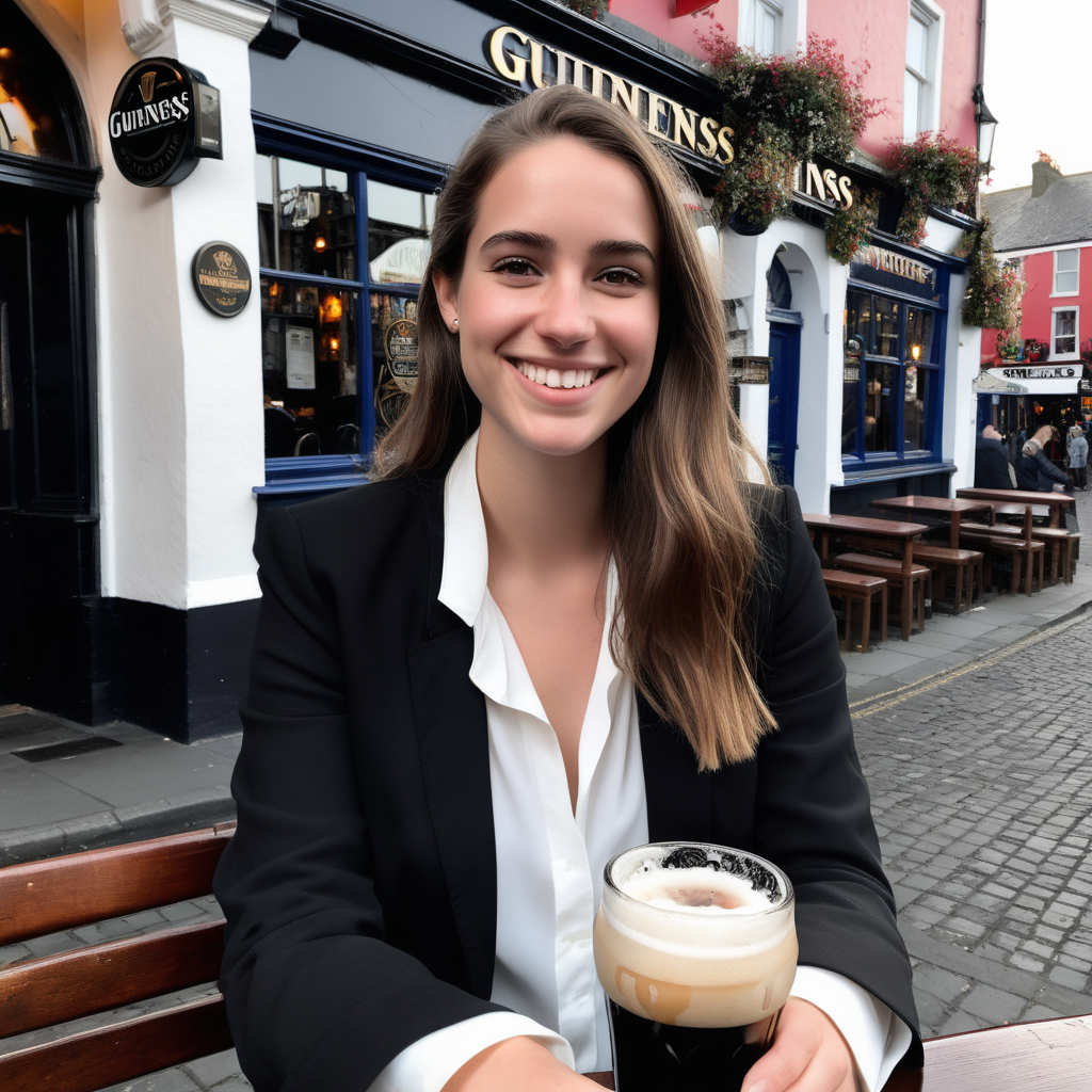 A smiling Emily Feld dressed in a long, white blouse and jeans, with a black jacket sitting at a table outside a pub in Templebar, Dublin drinking a pint of guiness