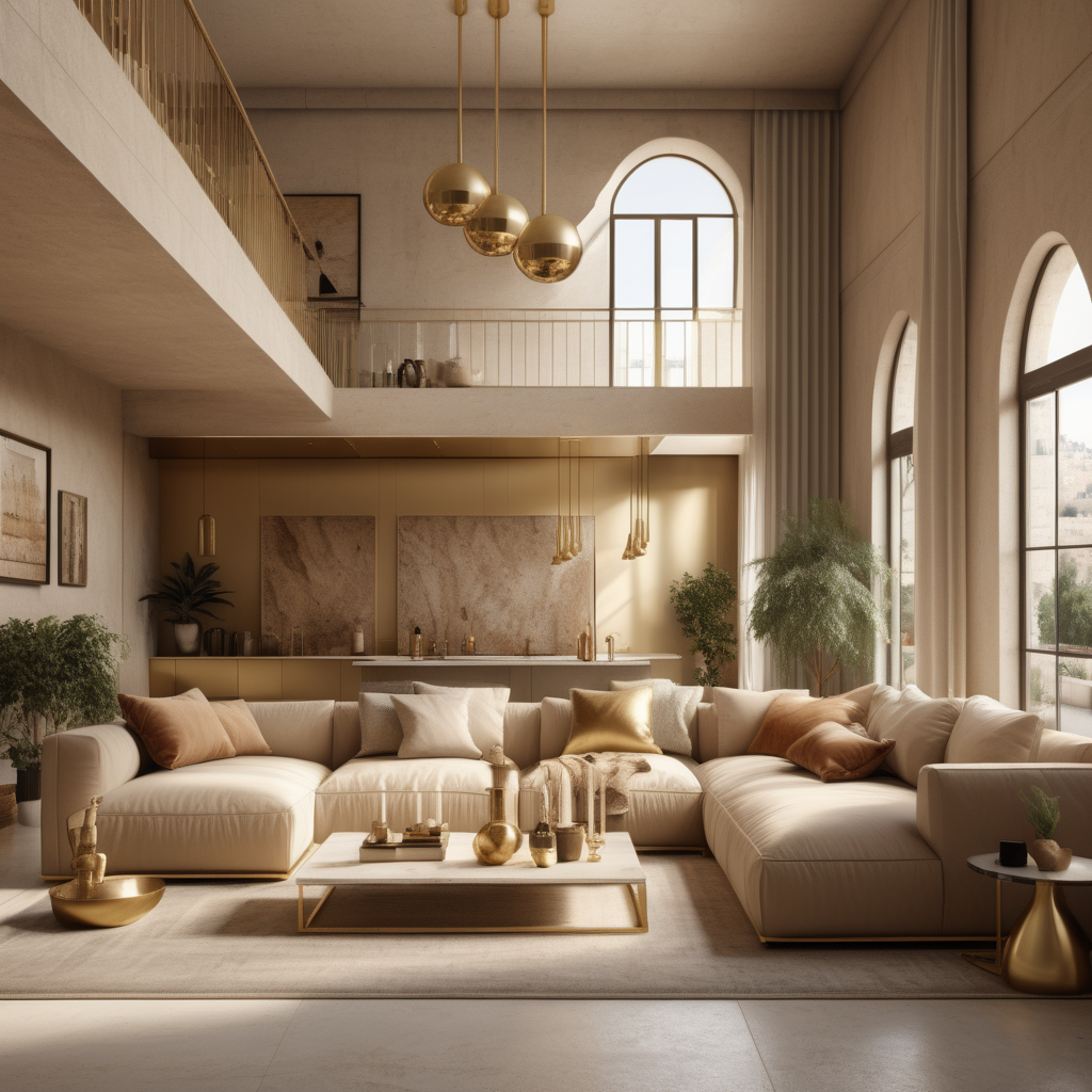 a hyperrealistic image of a Modern Jerusalem-inspired home interior; beige, oak, brass interior;
