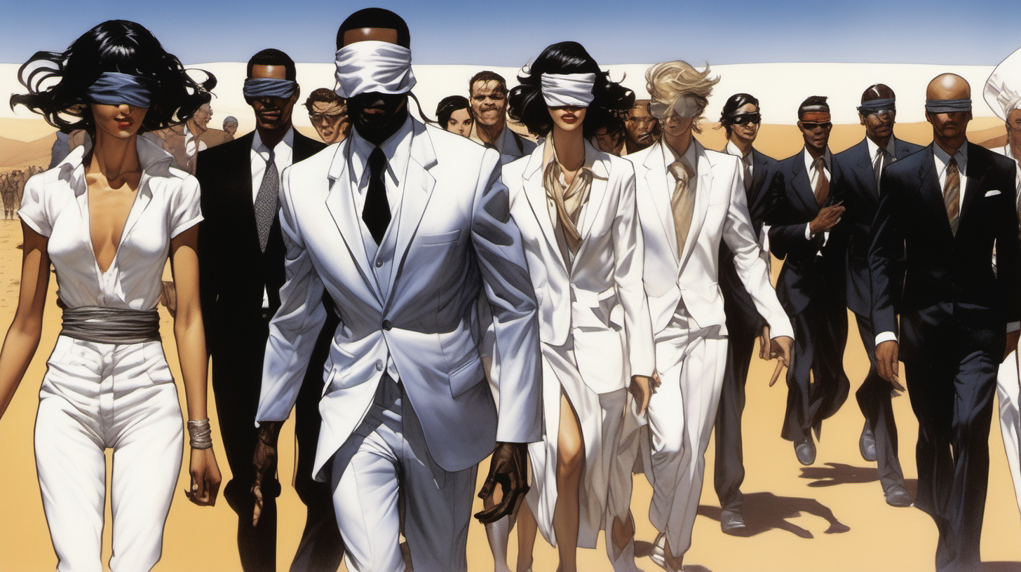 a blindfolded man with a smile leading a group of gorgeous and ethereal white,spanish, & black mixed men & women with earthy skin, walking in a desert with his colleagues, in full American suit, followed by a group of people in the art style of Hajime Sorayama comic book drawing, illustration, rule of thirds