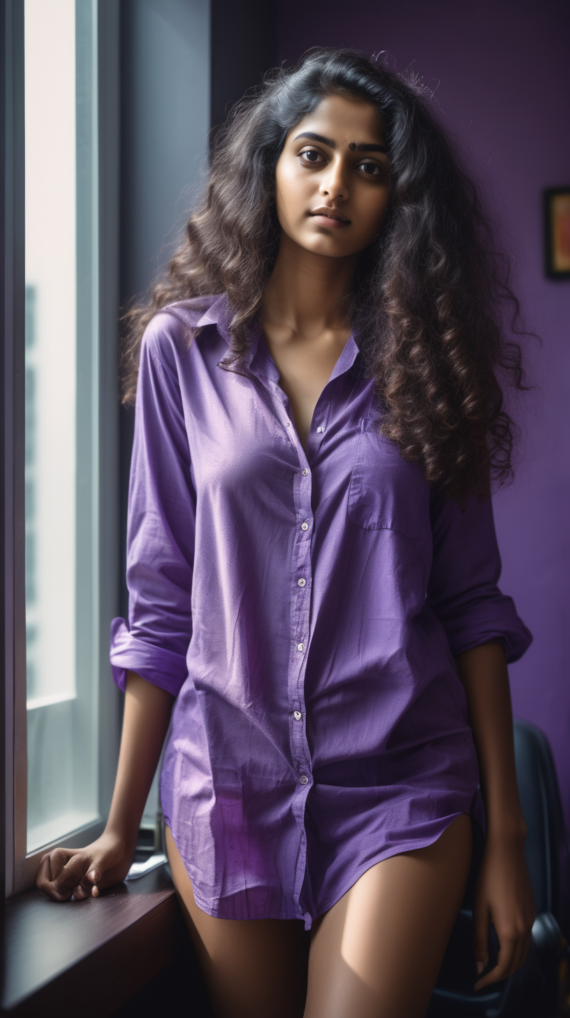 A beautiful slim Indian woman in her twenties with long curly hair , wearing a purple oversized shirt, sexy,  in her office, with art all over the walls in the morning, delicate hands, detailed hands, photorealistic, gravure, AV, pro photography, slide film, photo book, window light, full body shot, soft body, window light, film grain, 35mm, stretch marks
