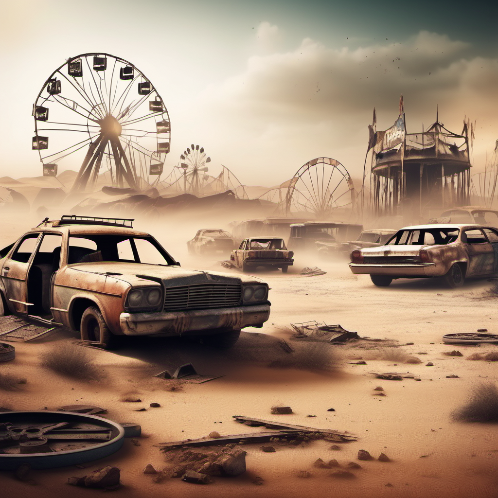 post apocalyptic desert background with destroyed fairground and destroyed cars, dust in air
