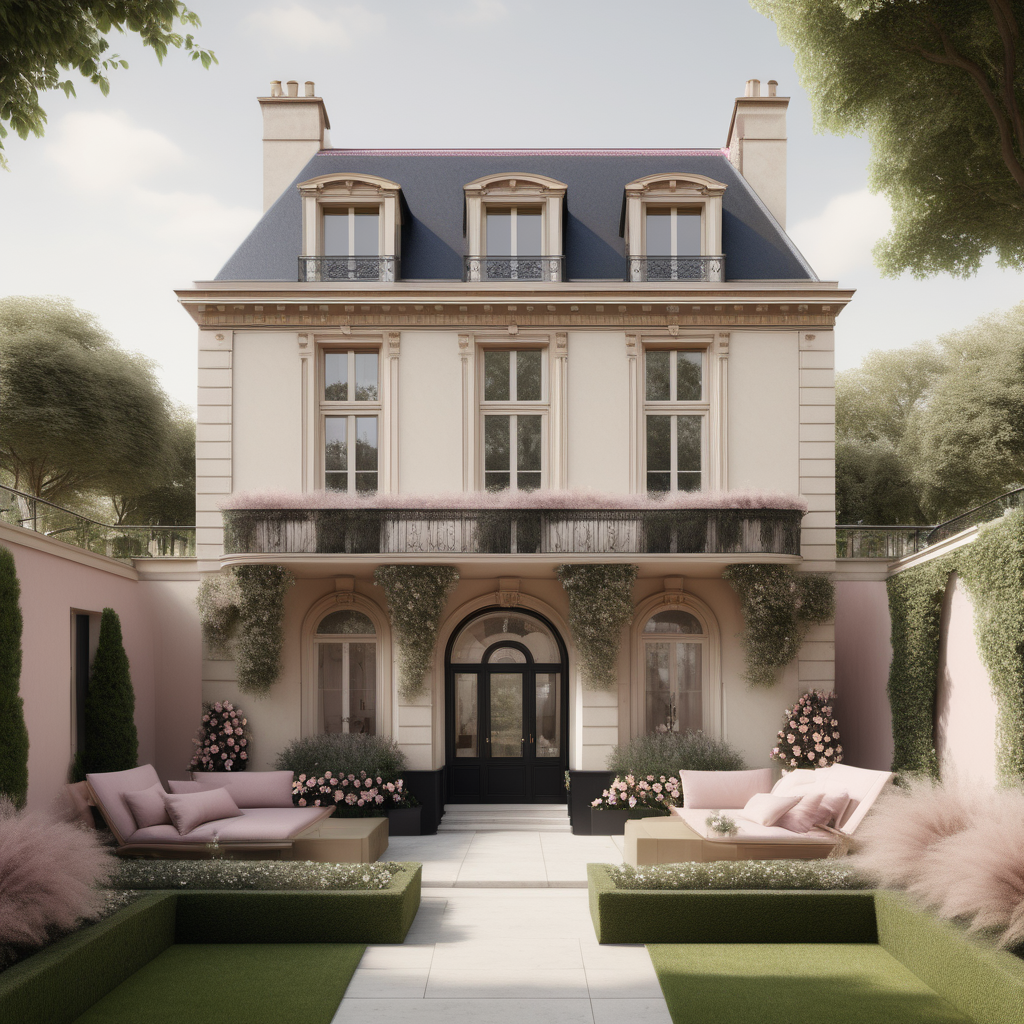 A hyperrealistic image of a modern Parisian  guest house viewed from the outside in a beige oak brass colour palette with accents of black and dusty rose, with an adjoined veranda covered in star jasmine, and beautiful garden beds and sprawling lawns around it
