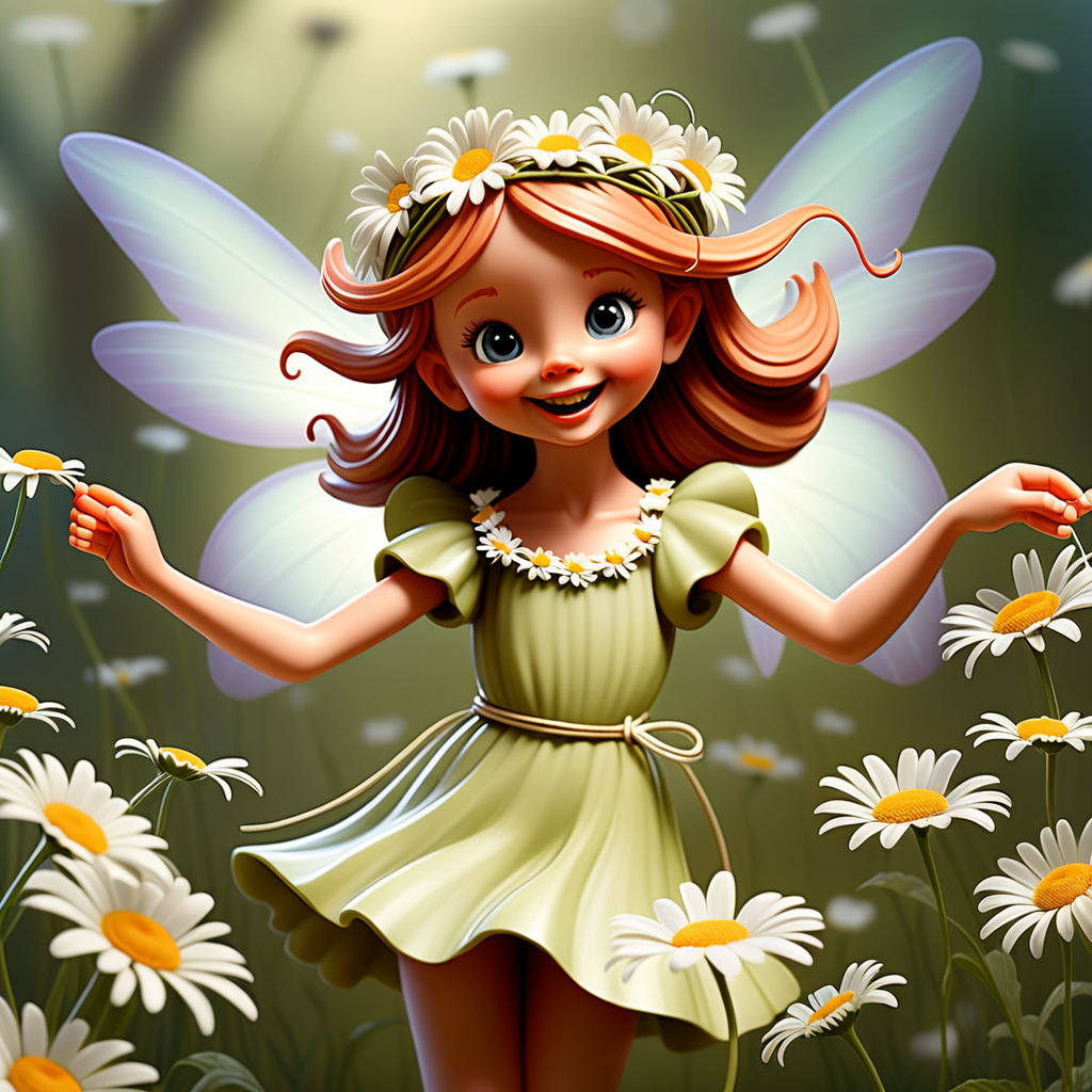Envision a fairy joyfully dancing, holding a daisy chain, with a background of daisies, capturing the innocent and playful essence of Barker's artistry.
