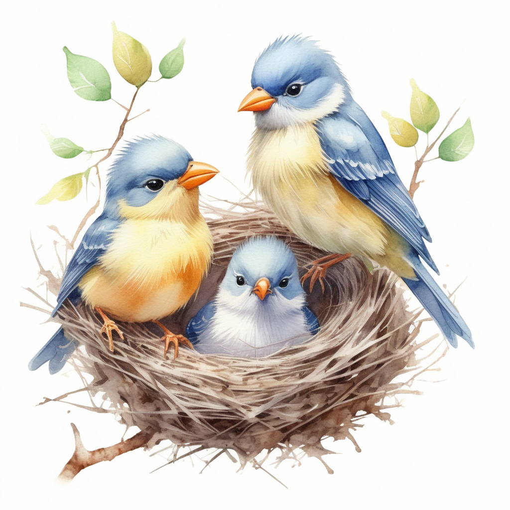 bílé pozadí_vytvoř realistickou ilustraci_realnější tváře_která je určena pro děti _  Ptáčci: Ptáčci zpívají a staví si hnízda_akvarelové barvy
