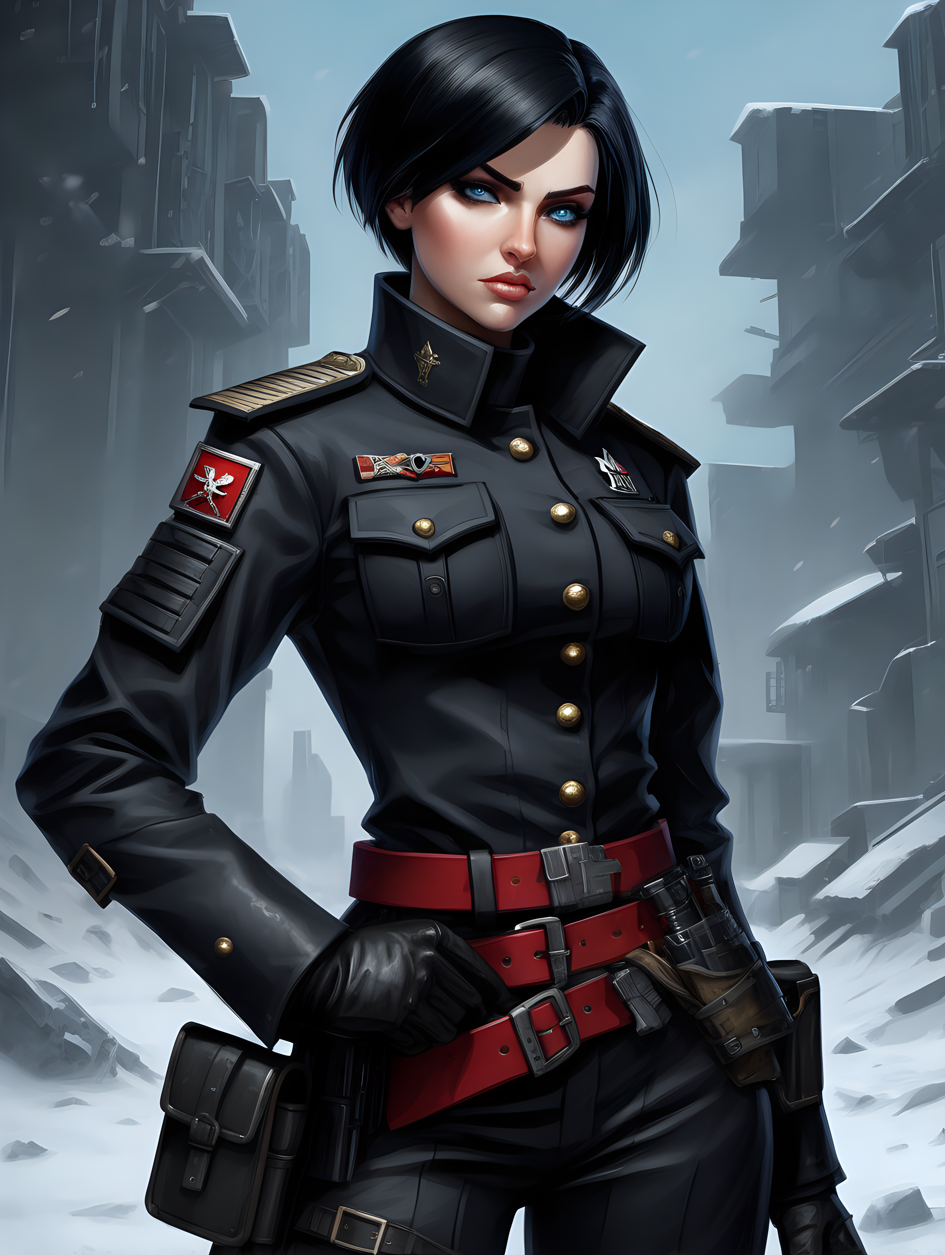 Warhammer 40K young Commissar woman. She has an hourglass shape. She has raven black hair. She has a very short hair style similar to what Maya, from Borderlands 2, has. Dark black uniform. Belt has a lot of pouches, grenades, black pistol magazines, and a black holster attached. Bandolier around waist. Her dark black uniform jacket fits perfectly and is closed up. She has a lot of eye shadow. Background scene is snowy trench line. She has icy blue eyes. 