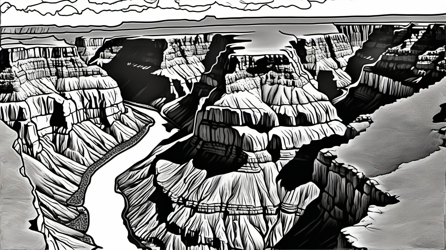 low detail coloring page of an ariel view of the grand canyon and the Colorado river 