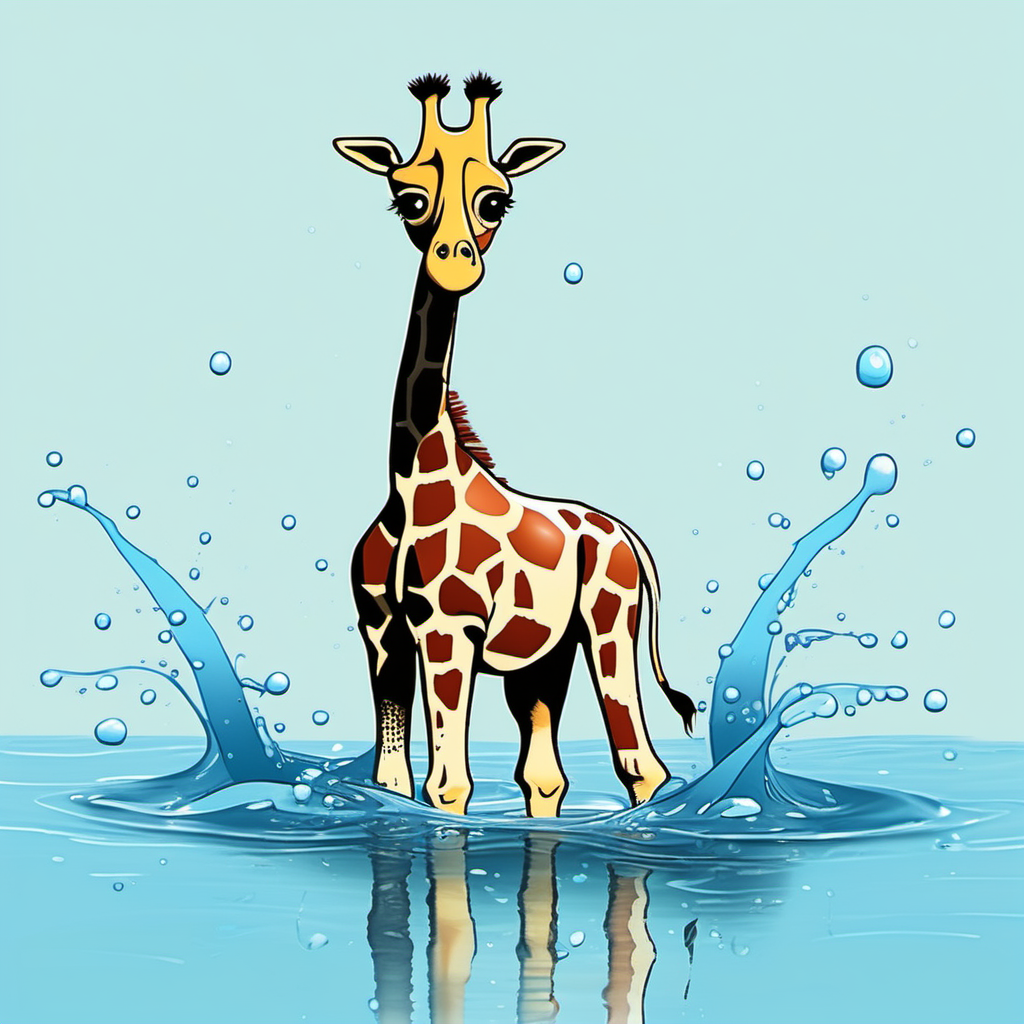 /imagine kids illustration, Giraffe in a  water,  Thick Lines, low details, vivid colour --ar 9:11