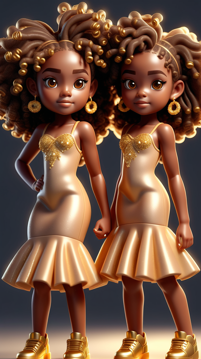 pixel 3D African 10 year old  twin sisters,  glowing beautiful light brown skin curly permed hair sparkly face with sparkly makeup on and full body with a golden dress and Golden Earrings showing legs in golden shoes with normal Brown skin and beautiful dark brown 