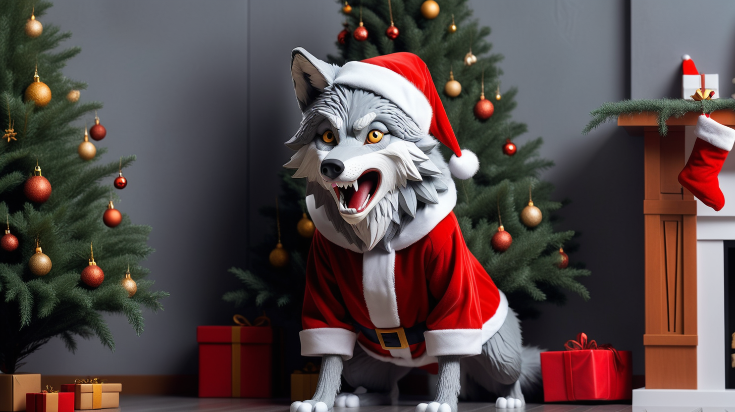 The gray wolf put on a Santa Claus