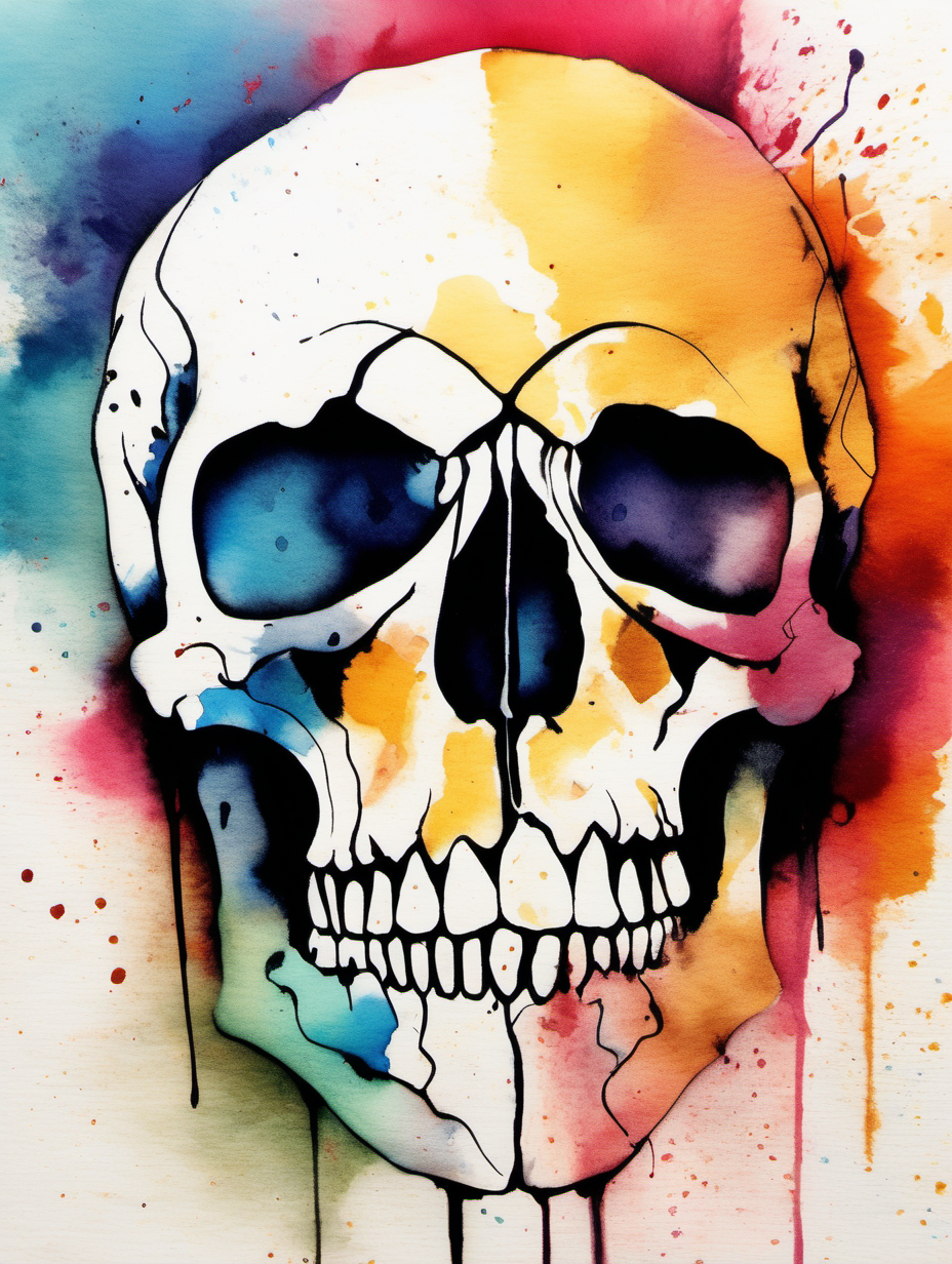 MINIMALIST ARTWORK FEATURING A SKULL. COLOURFUL. DRY BRUSH PAINT, WATERCOLOUR, GRAPHOTE AND INK. 