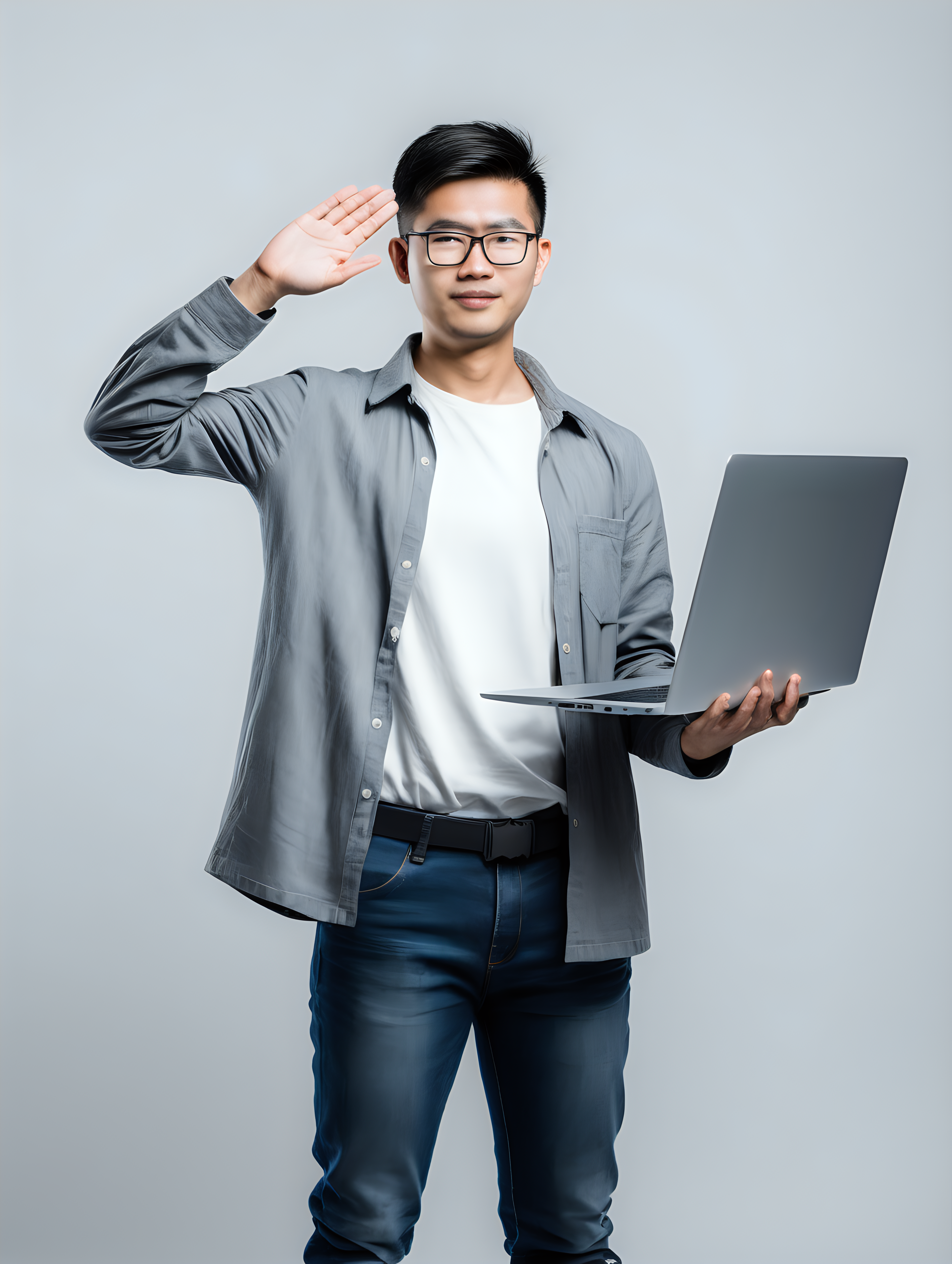 Asian Software developer standing to attention and saluting with one hand holding his laptop under the other arm
