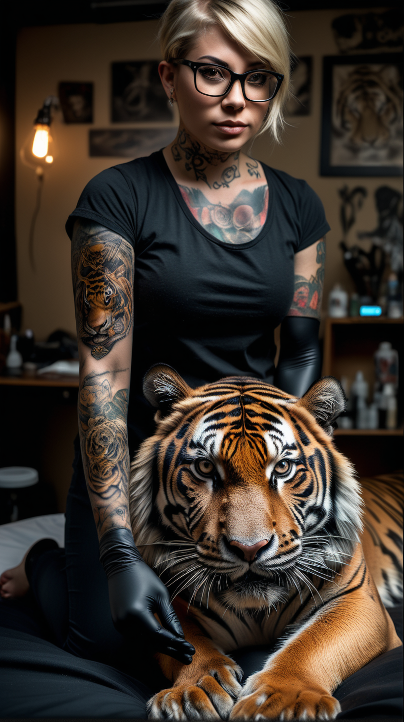 /imagine prompt :An ultra-realistic photograph capturing a sureal Tattoo performance scene. a human tattooing a tiger 
<camera> canon 5d mark III, equipped with an 85 lens at F 5.8 aperture setting
<location> a  tattoo studio beside an crowed street
<light> Soft spot light gracefully illuminates the subject’s body, casting a dreamlike glow.
/describe : a beautiful  woman that she is a tattoo artist with glasses and black shirt ,has black nitrile gloves, has a black surgical mask, seated beside the  client bed and tattooing on a real tiger's body! a golden tattoo machine in his hand.
–no tattoos on head 
 woman  has natural beauty with beautiful blonde short hair  .
a real tiger laid gently on tattoo client's bed same as a tattoo client to taking tattoo on its body creating a sureal scene.
The background is black , absolutely blurred, highlighting the subjects.
The image, shot in high resolution and a 16:9 aspect ratio, captures the subject’s natural beauty and personality with stunning realism
–ar 9:16 –v 5.2 –style raw
