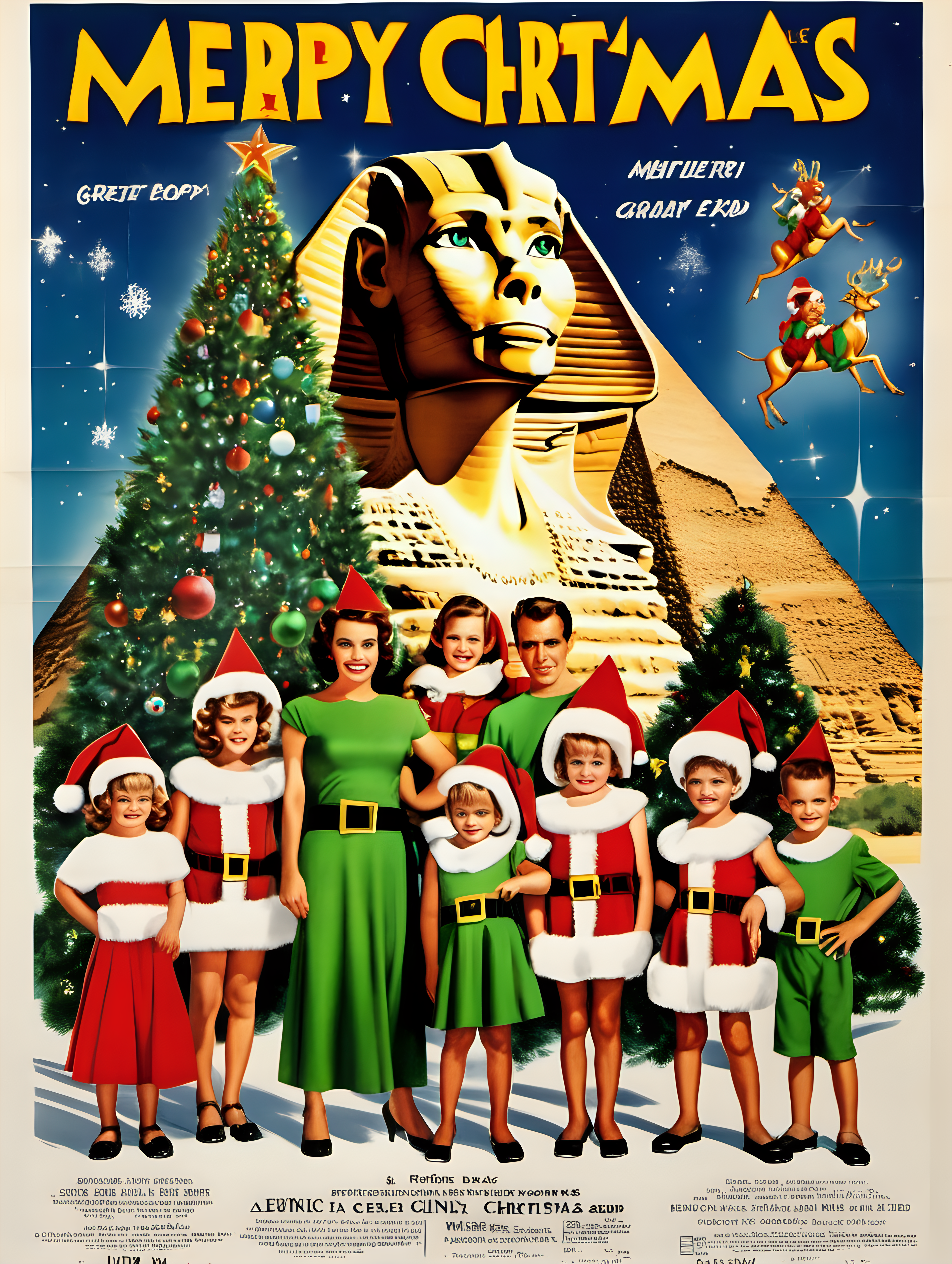 A 1950's movie poster with a mom, dad, and four kids dressed as Christmas elves with background of great sphinx in egypt + christmas tree