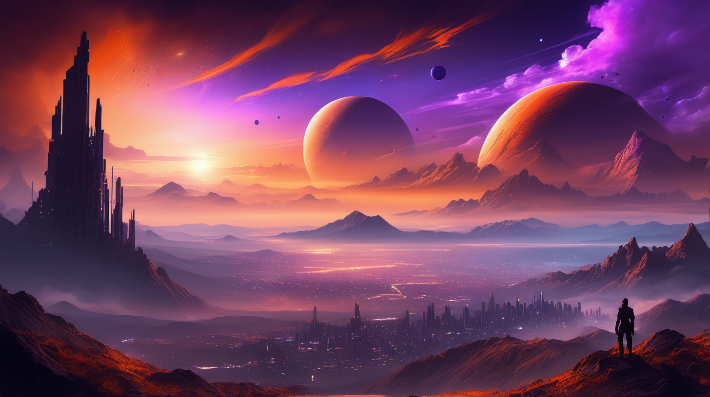 Make a fantasy picture mixed with sci-fi with sky in orange and purple with calm feather clouds at sunset, seen from a hill looking away at amazing view with mountains and here and there advanced small cities in the mountains with lights in windows, inspiration a mix of Bladerunner film and Avatar, some distant planets and galaxies, no animals.
