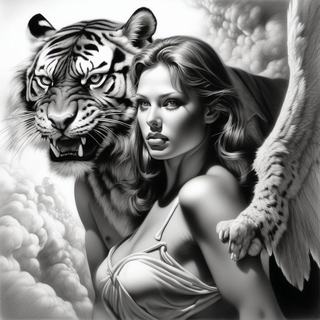 /imagine prompt : a hyper realistic black and gray Boris Vallejo drawing, feauteted a beautiful angel by a tiger create a sureal fantasy atmosphere
/describe : whole subjects in the box
-no cut

<background>white papaer
<style>pencil drawing
