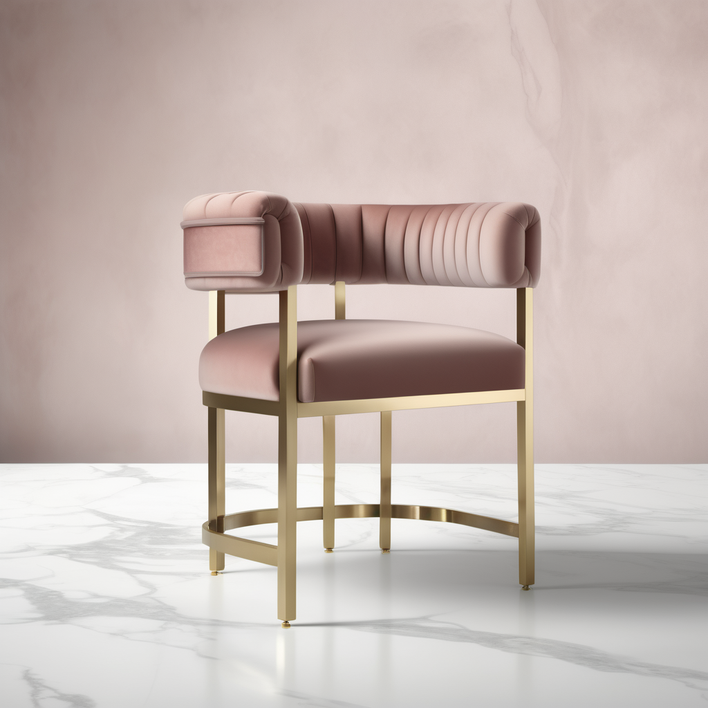 a hyperrealistic image of a velvet modern Parisian  dining chair with arms in beige dusty rose and brass 
