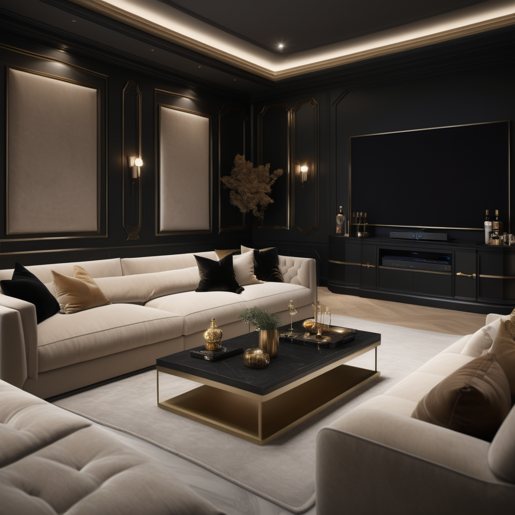 a hyperrealistic of an elegant Modern Parisian estate home lounge theatre room with mood lighting, a large comfy sofa facing the tv, with a mini bar on the right, in a beige oak brass and black colour palette 
