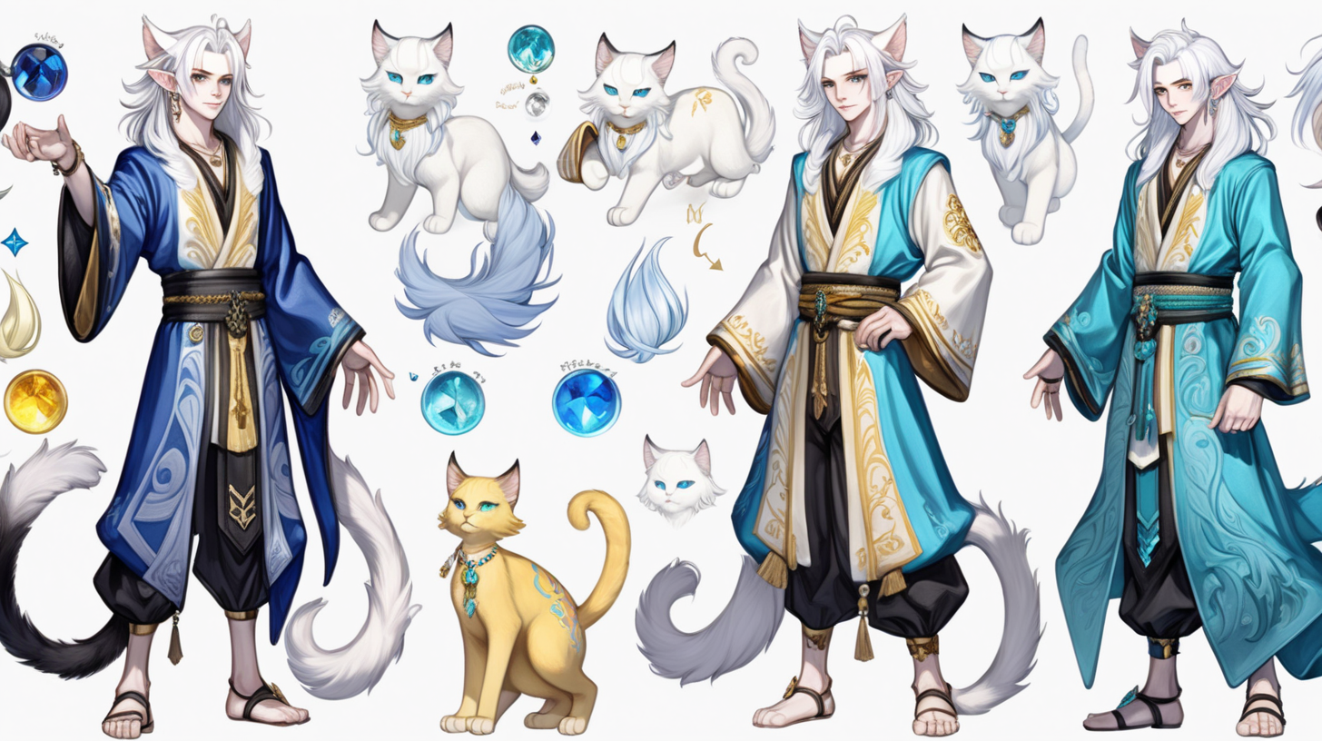 human cat boy with pale skin and bright white hair masculine slim feminine, has a long fluffy tail and piercings on his cat ears, has two different colored eyes one yellow and the other blue hes also wearing a large fantasy robe and fantasy clothes, full body reference sheet front and back