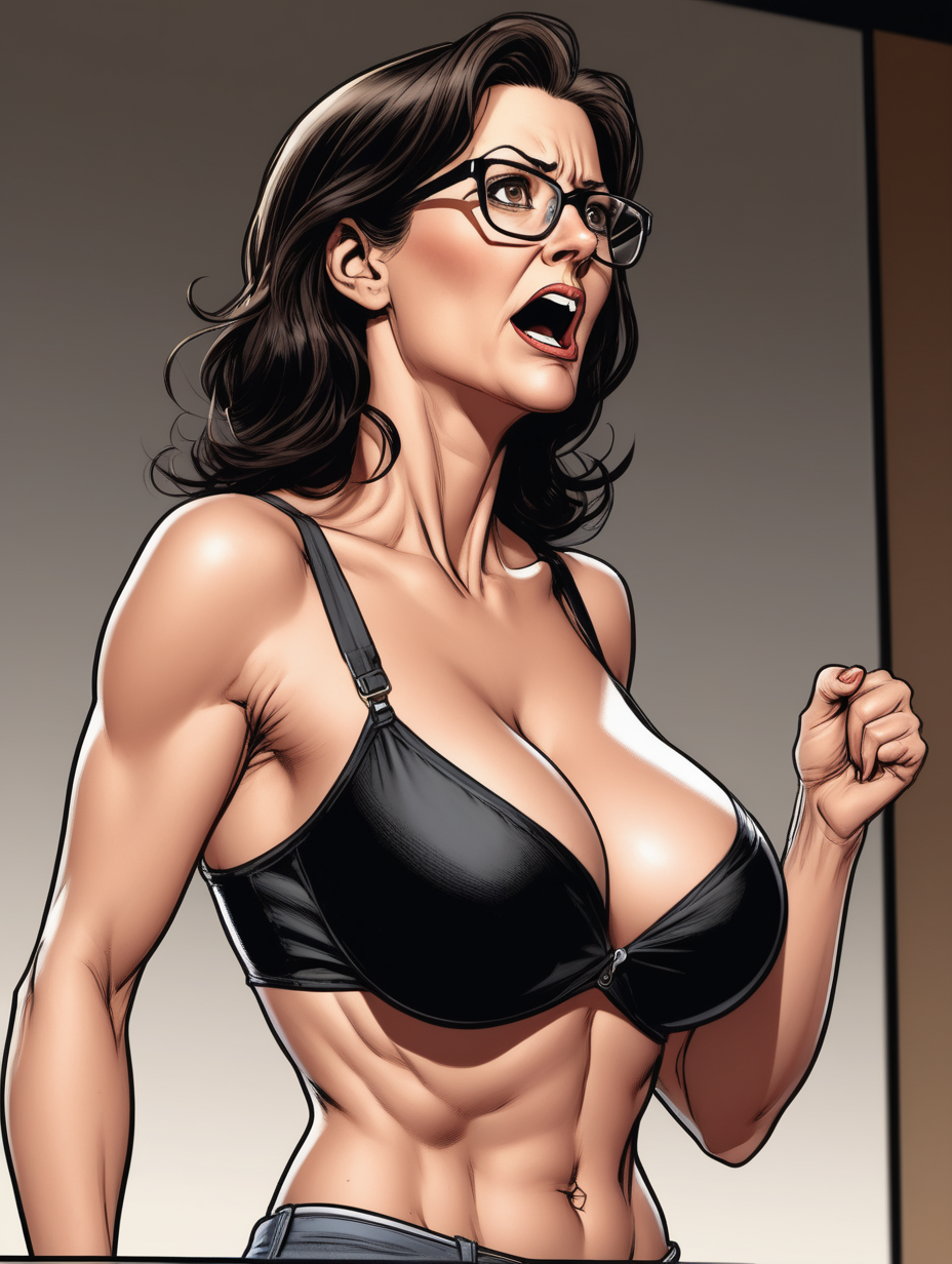Beautiful, mature, brunette woman, teacher, glasses, [ripping open] shirt, exposed black bra, confused [Detailed comic book art style] on stage, lecture, side view