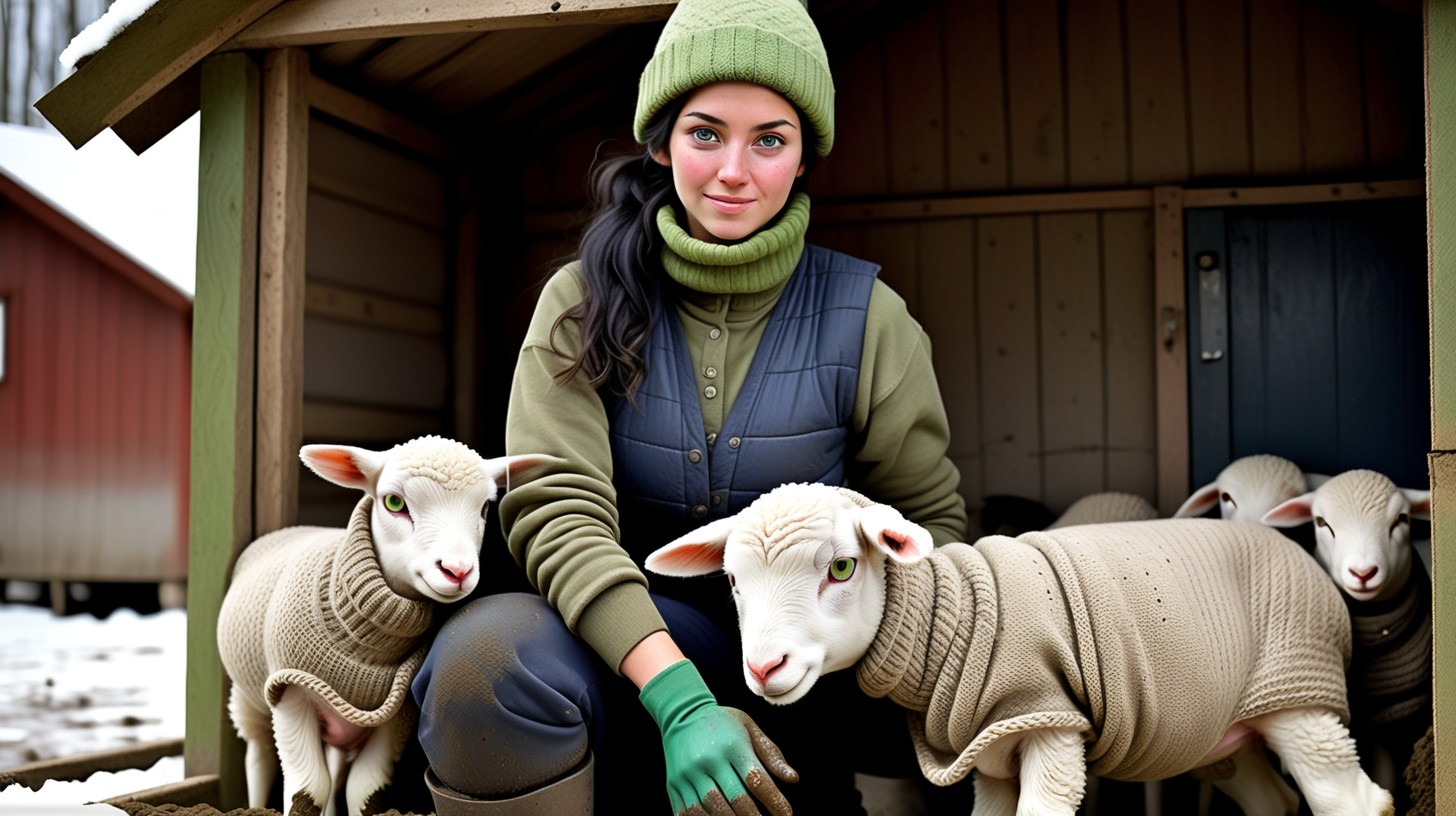 A hot girl black-haired  with green eyes works in a lamb farm. Darkness, cold and lots of snow and deep mud. A wooden hut, a cowshed. She works in front of them and feeds the lambs. She is wearing thick short black muddy rubber boots with hand-knitted muddy woolen socks sticking out of them. He wears work navy blue quilted trousers, stained with mud. She is wearing a thick knitted white woolen long-sleeved brown chunky sweater - torn and muddy. On top of it, she wore a Turkish dark green knitted vest with buttons and side pockets. On top of all this is a sleeveless quilt in a dirty green color. There are knitted gloves, a knitted hat in white and gray. She wrapped a hemp rope around her waist . He works and sweats with the animals.