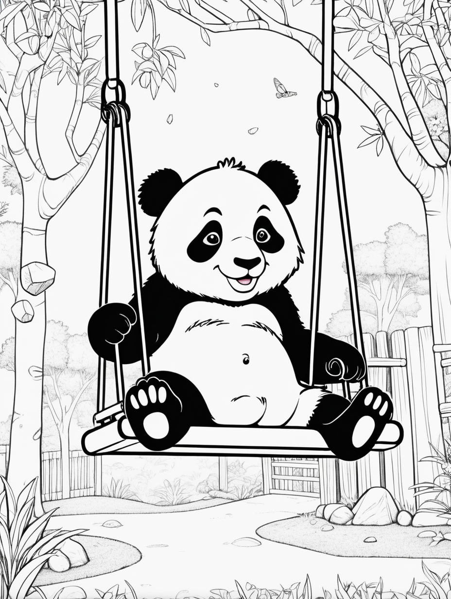 colouring book, Panda swinging on a swing set, playground background  --AR 1:1.41-- 