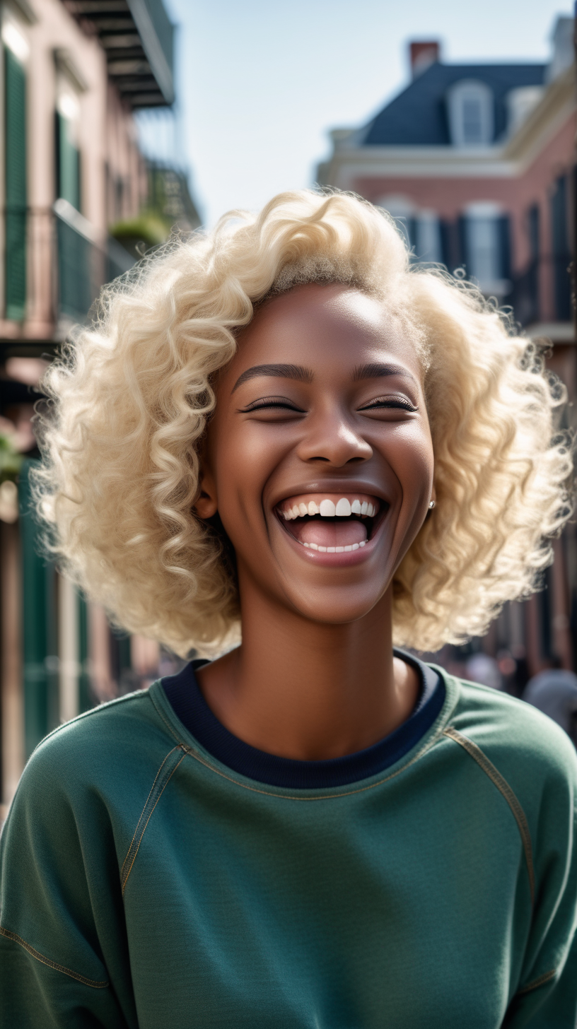 a beautiful, dark skinned, Woman, laughing with joy, slim build, platinum blonde, low 
 curly haircut, wearing a plain Green, crewneck sweatshirt, wearing navy blue, denim, with the French Quarter,  in the background, 4k, outdoor light source, High Definition clear resolution
