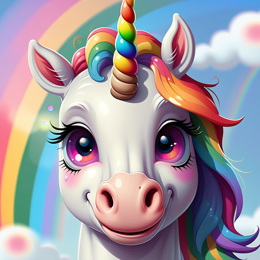 winking eye cute unicorn with a rainbow in the background
