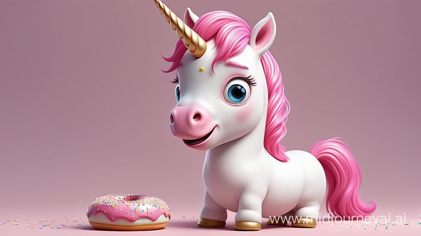 imagine/ unicorn with pink hair he is realistic but more on pixar looking, white body and cute face he is catching pink donuts with sprinkles