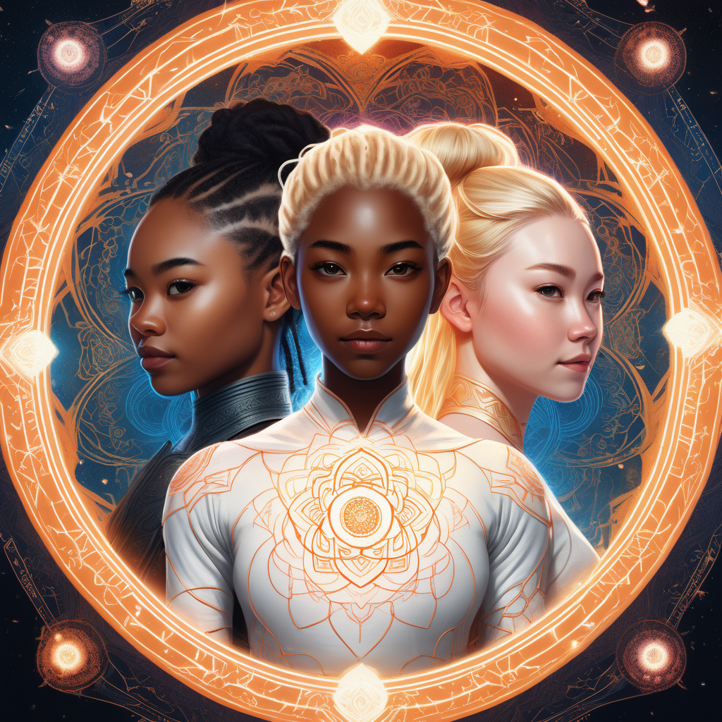 book cover design for a sci-fi story about love between a young black woman, a young white woman with blonde hair, and one young Asian woman, in the middle of a mandala made of glowing threads of fate