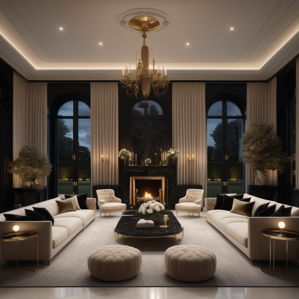 a hyperrealistic of a grand Modern Parisian estate home lounge room at night with marble fireplace, mood lighting, floor to ceiling windows with a view of the manicured gardens , in a beige oak brass and black colour palette 
