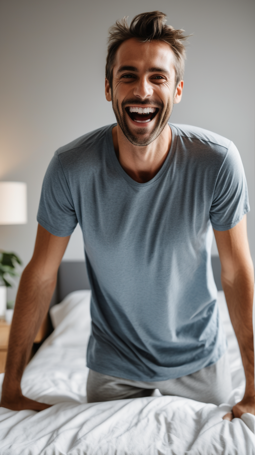 Man getting out of bed looking happy and
