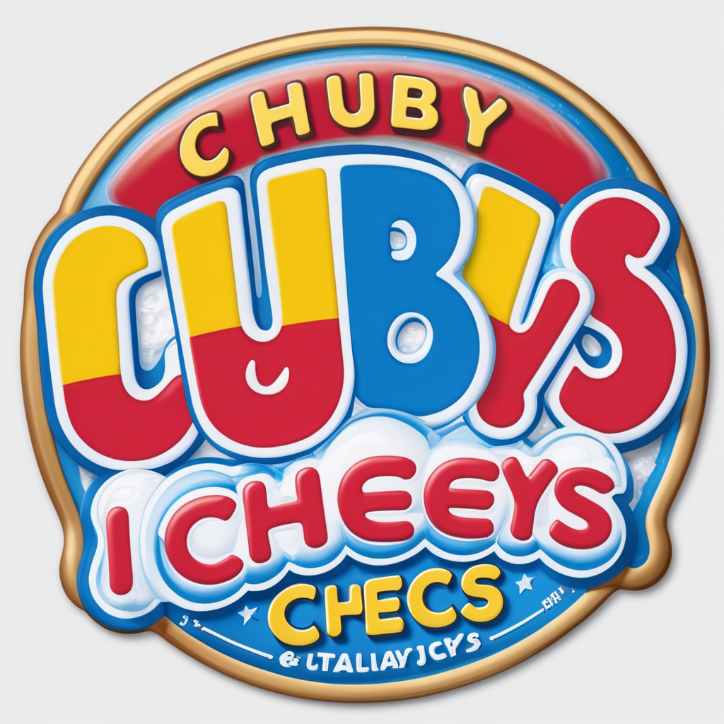 Creat an image of a stylized 3 dimensional emblem with resemblance to a badge or seal. The emblem features the company name “Chubby Cheeks Iceys” in bold raised lettering. The central image of red blue and yellow scoops of italian ice in a clear cup