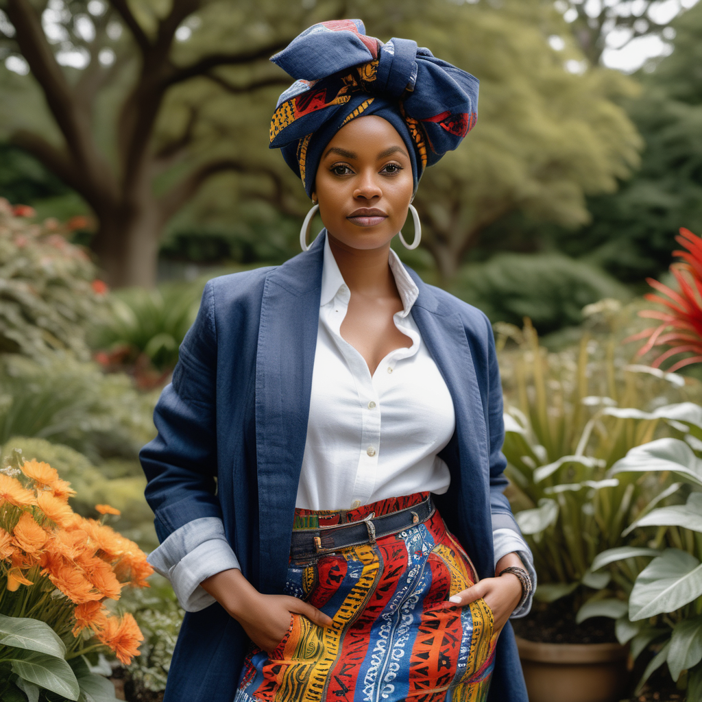 Beautiful Black woman with tribal paint, wearing a multi color African headwrap and African print Skirt, cropped Indigo Navy linen, shawl collar, trech coat with White stitching, wearing a white, linen dress shirt, with a black fist on the front, wearing denim with African print material  inside the pockets,  Vibrant images that represent African heritage, In a colorful botanical garden, looking to the left, holding a  black lamb, view looking straight at , 4k, high definition, high resolution, light source from above right