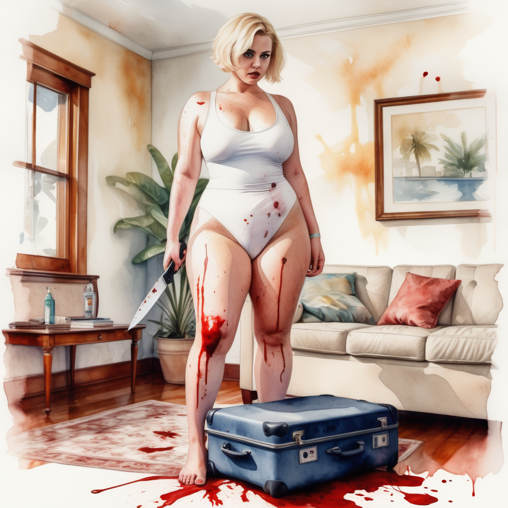 sexy curvy blonde woman, short hair, wide hips and big ass, wearing a white swimsuit, with a knife in her blood-stained hand, stepping on top of a large suitcase on the floor of a living room in a house, image based in watercolor paint.