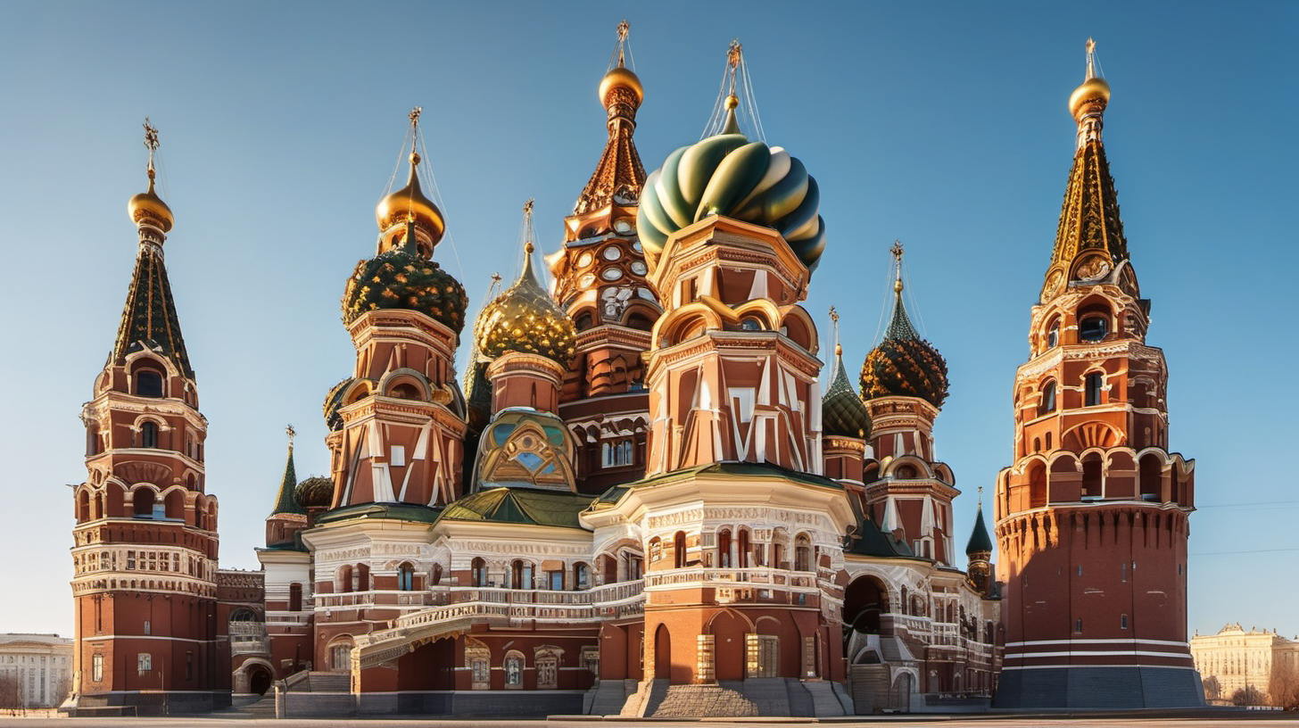 A grand and imposing structure resembling the architectural style of the Kremlin, with multiple towers, domes, and intricate details adorning its exterior. The building stands tall against a clear blue sky, exuding power and historical significance. Majestic, Ornate, Stately, Historic, Iconic. High-resolution digital camera. Wide-angle lens. Mid-morning, with the sun illuminating the building and casting distinct shadows to accentuate its features. Emphasizing the grandeur and ornate details of the building's architecture. Capture the symmetry, intricate designs, and towering presence of the structure while showcasing its historical significance and iconic elements. Digital capture with post-processing to highlight the rich details and enhance the regal appearance of the building, showcasing its grandiosity and historical importance.

