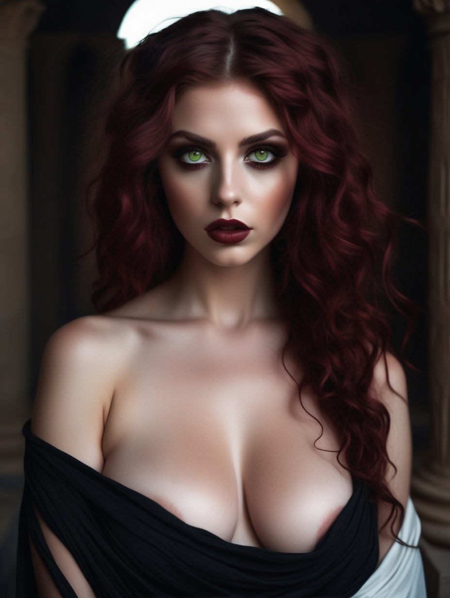 a very beautiful woman
wavy maroon hair
pomegranates
lips
light olive colored eyes
in the dark underworld
wearing a sexy black toga
greek goddess 
boobs
light makeup