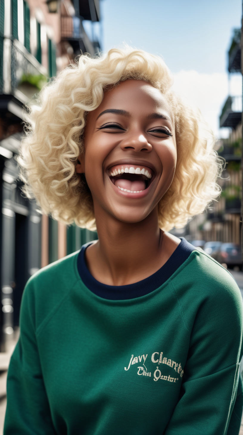 a beautiful, dark skinned, Woman, laughing with joy, slim build, platinum blonde, low 
 curly haircut, wearing a  Green, crewneck sweatshirt, wearing navy blue, denim, with the French Quarter,  in the background, 4k, outdoor light source, High Definition clear resolution