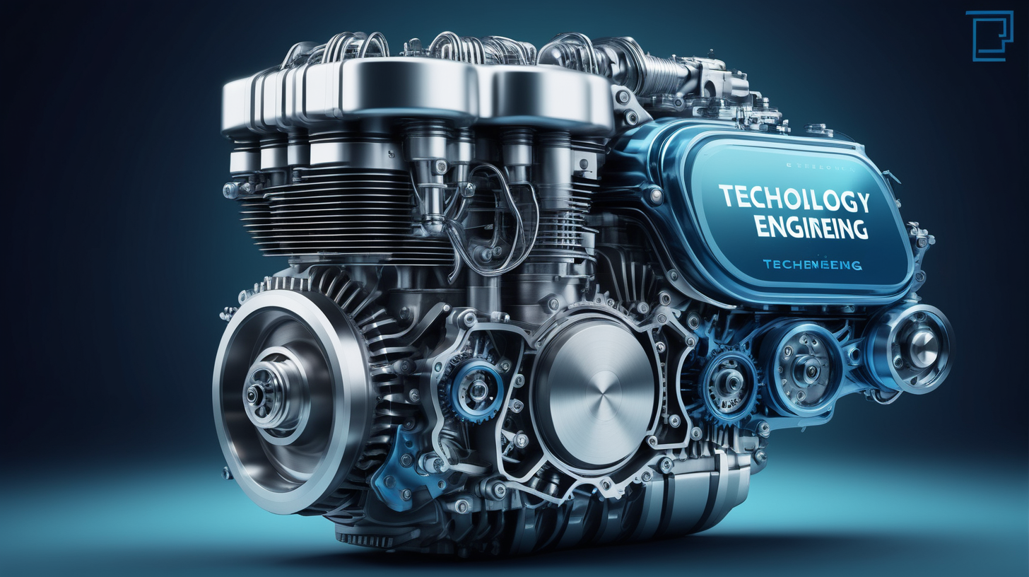 imagen de teconlogia e ingenieria, motor de 4 tiempos  futurista con tonos azulados con el texto 'Tecnología e Ingeniería 2'