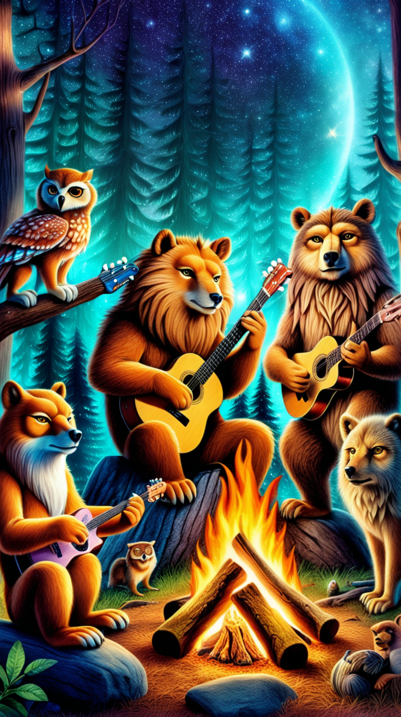 woodland creatures playing music campfire lion bear wolf owl cosmic galactic loving kind family friendly dmt 4k
