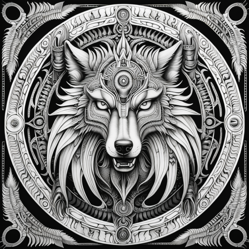 black & white, coloring page, high details, symmetrical mandala, strong lines, wolf beast with many eyes in style of H.R Giger