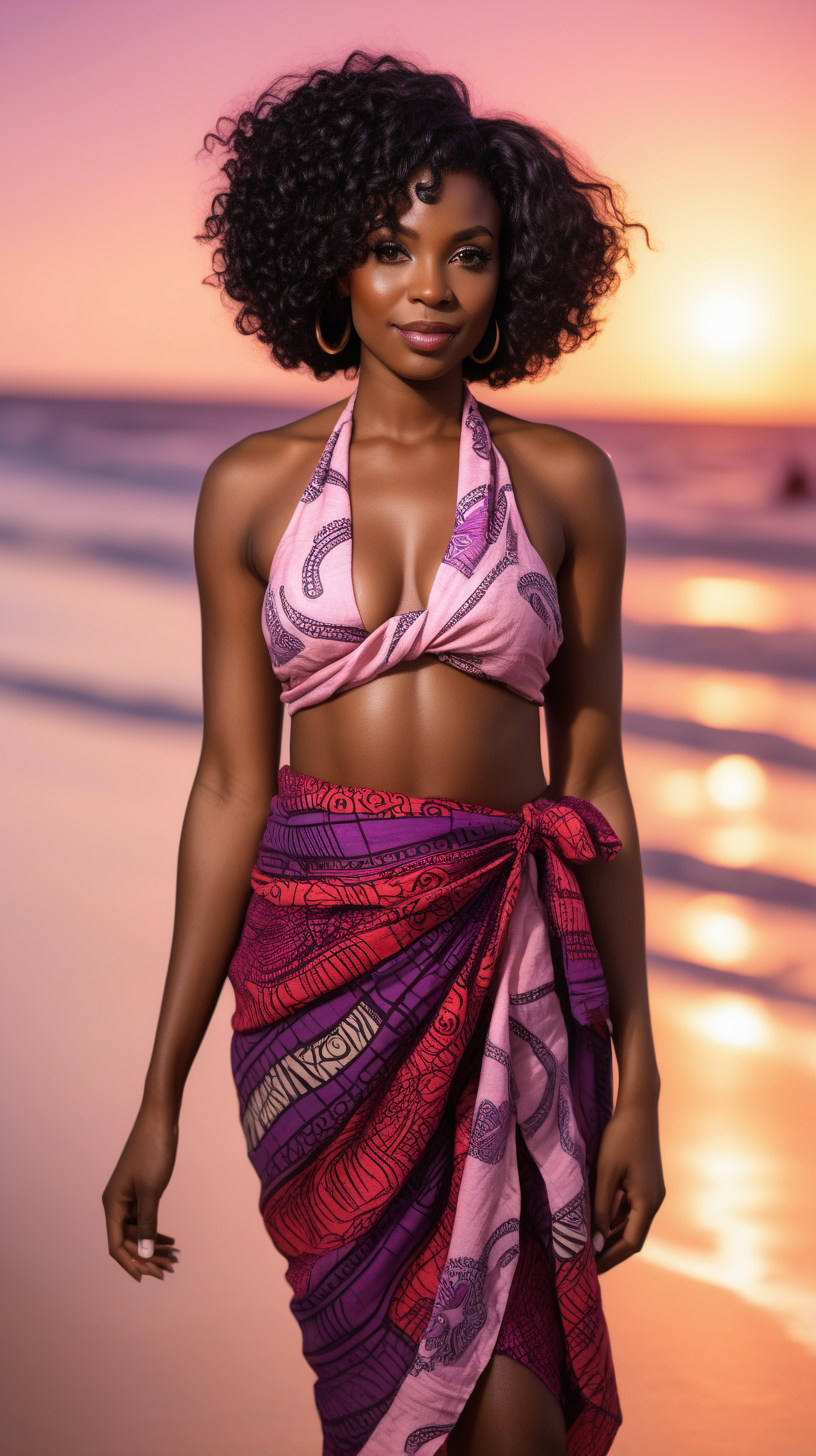  Sexy, beautiful, black woman wearing short, curly black hair, wearing, A red violet, African print fabric, Sarong wrap, Blush pink linen halter top, a sunset beach in the background, 4k, high definition, full resolution, replicated
