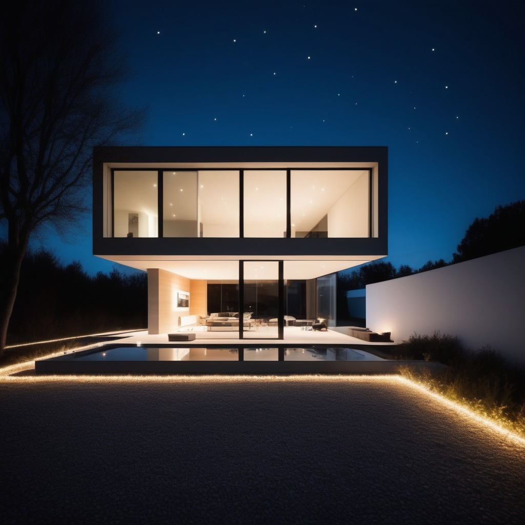 beatiful minimalistc house with lights all over 