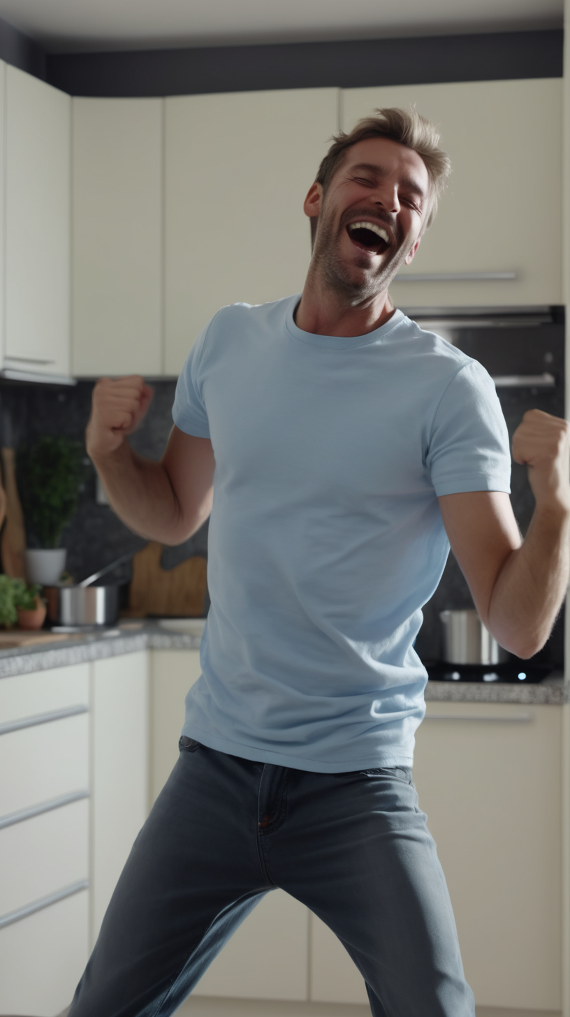 man looking very happy dancing in his kitchen